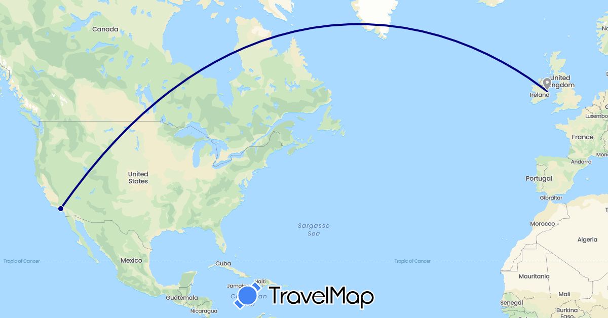 TravelMap itinerary: driving, plane in Ireland, United States (Europe, North America)